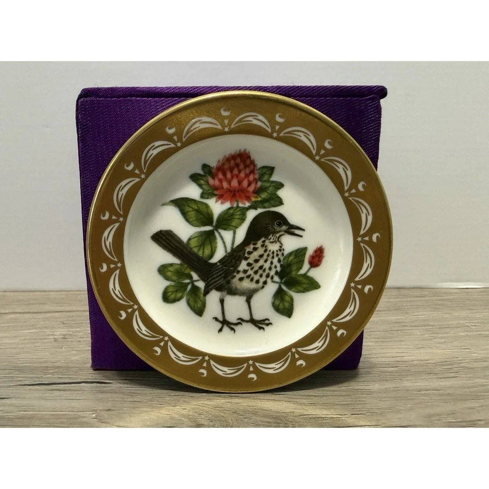 State Birds Flowers Franklin MINI Plate Vermont Hermit Thrush Red Clover 3